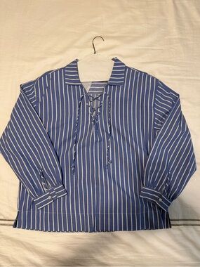 Old Navy Blue and White Striped Shirt with Lace-Up Neck, Size L